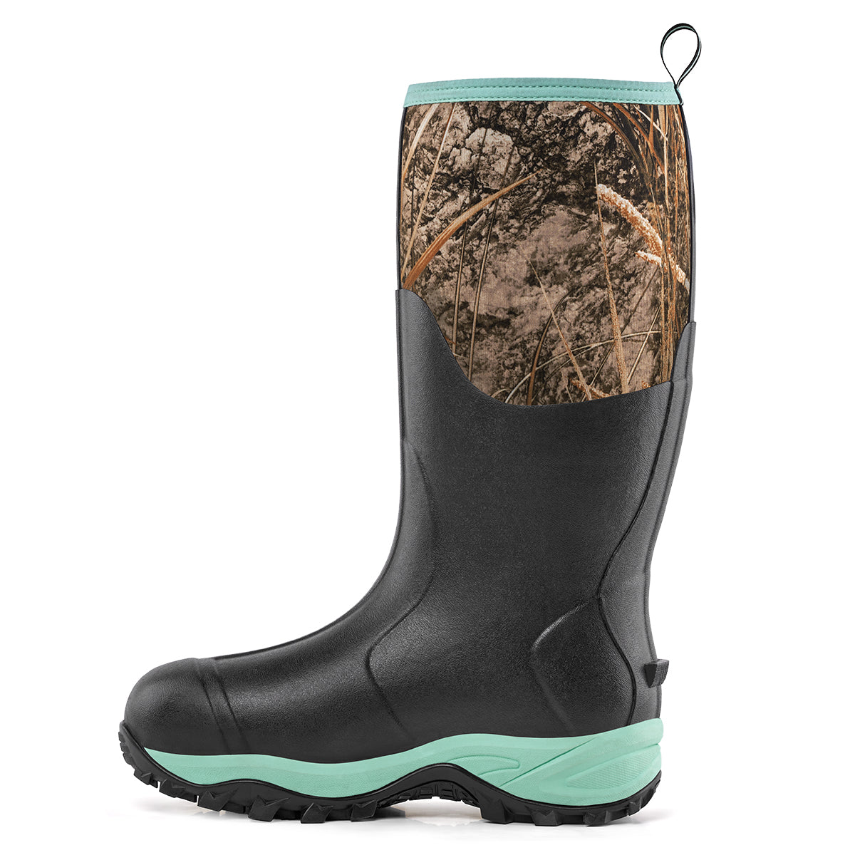 Side view of Trudave HeatHold Series women’s tall waterproof insulated rubber boots in green camo showing durable waterproof shell and warm lining for rain and garden use